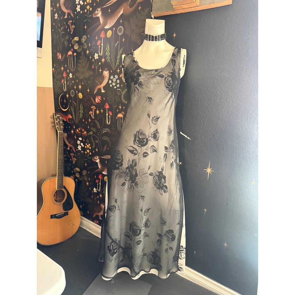 Vintage Express Rose Print Mesh Overlay Maxi Dress Black White Floral 9/10